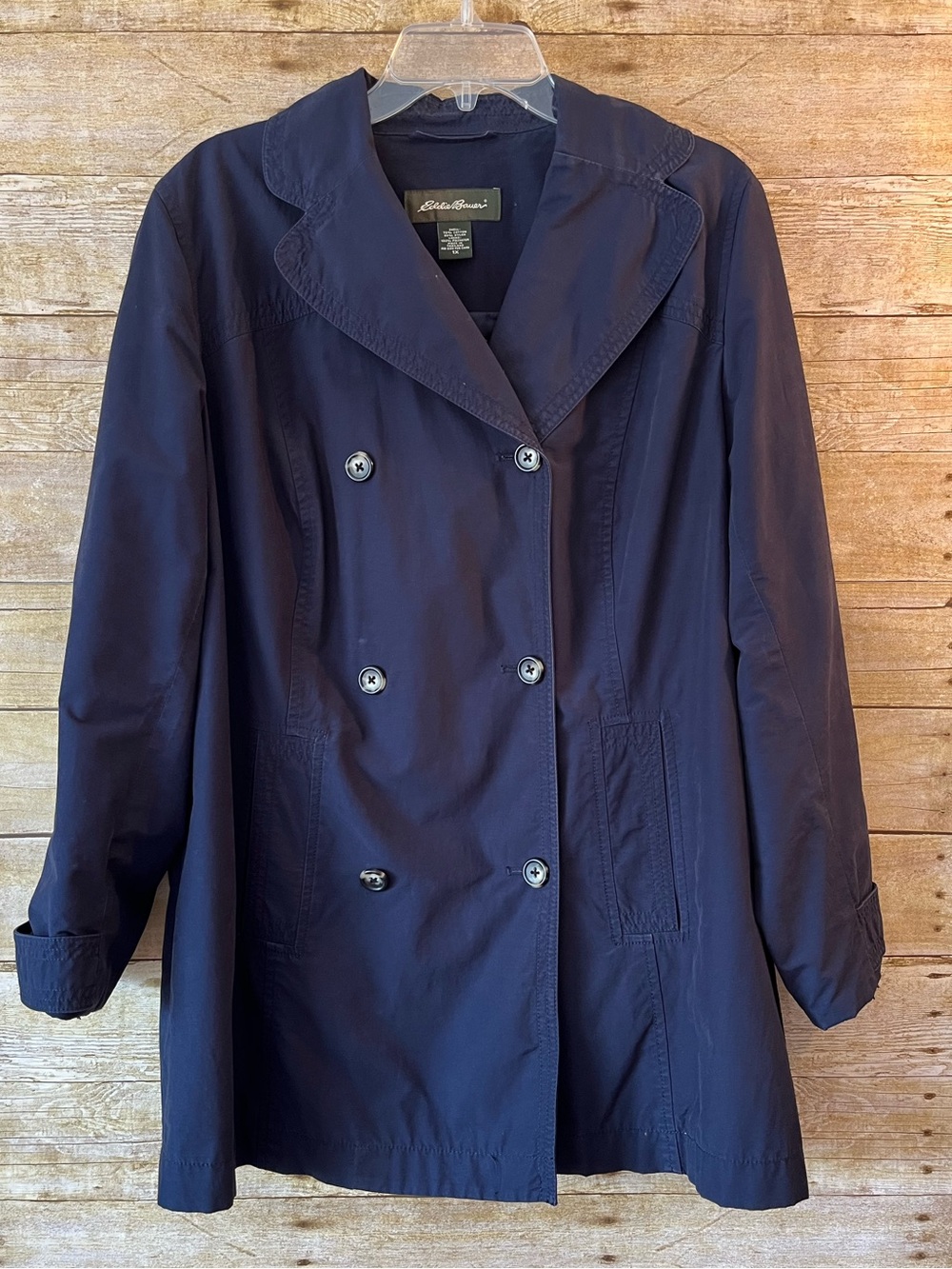 Eddie Bauer Women’s Navy Double-Breasted Mid-Length Trench Coat EUC Plus Size 1X - Picture 2 of 5
